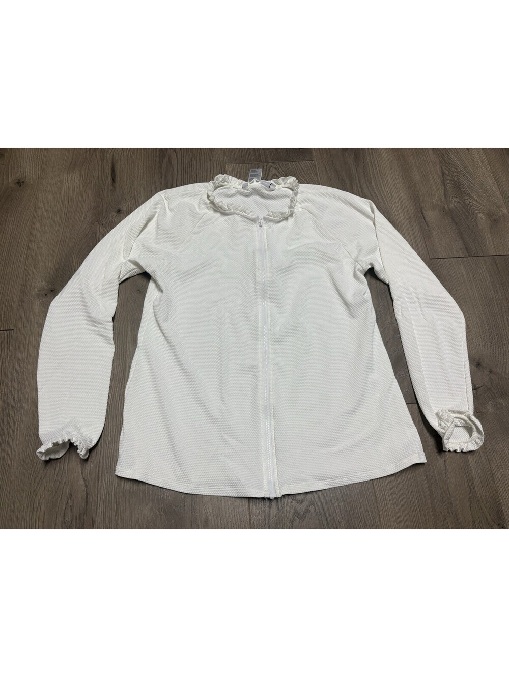Beach House Swim Rash Guard Top Med White Ruffle Zip Front UPF Long Sleeve